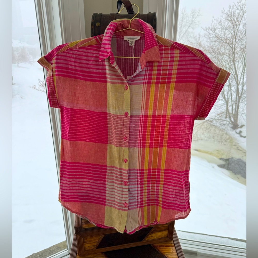 Linen-blend summer plaid blouse